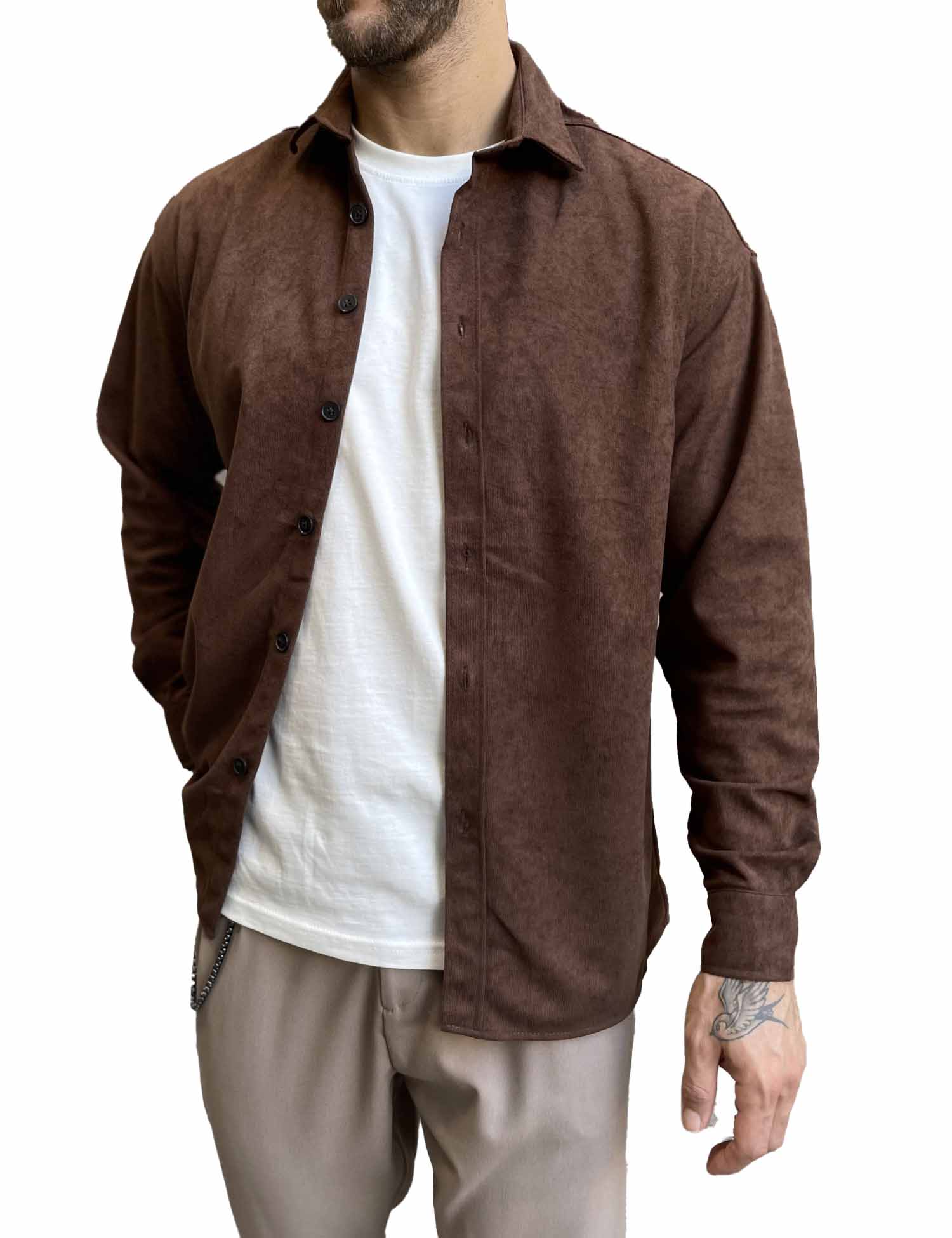 Ανδρικό καφέ κοτλέ Overshirt με γιακά RMZ470 φωτογραφία